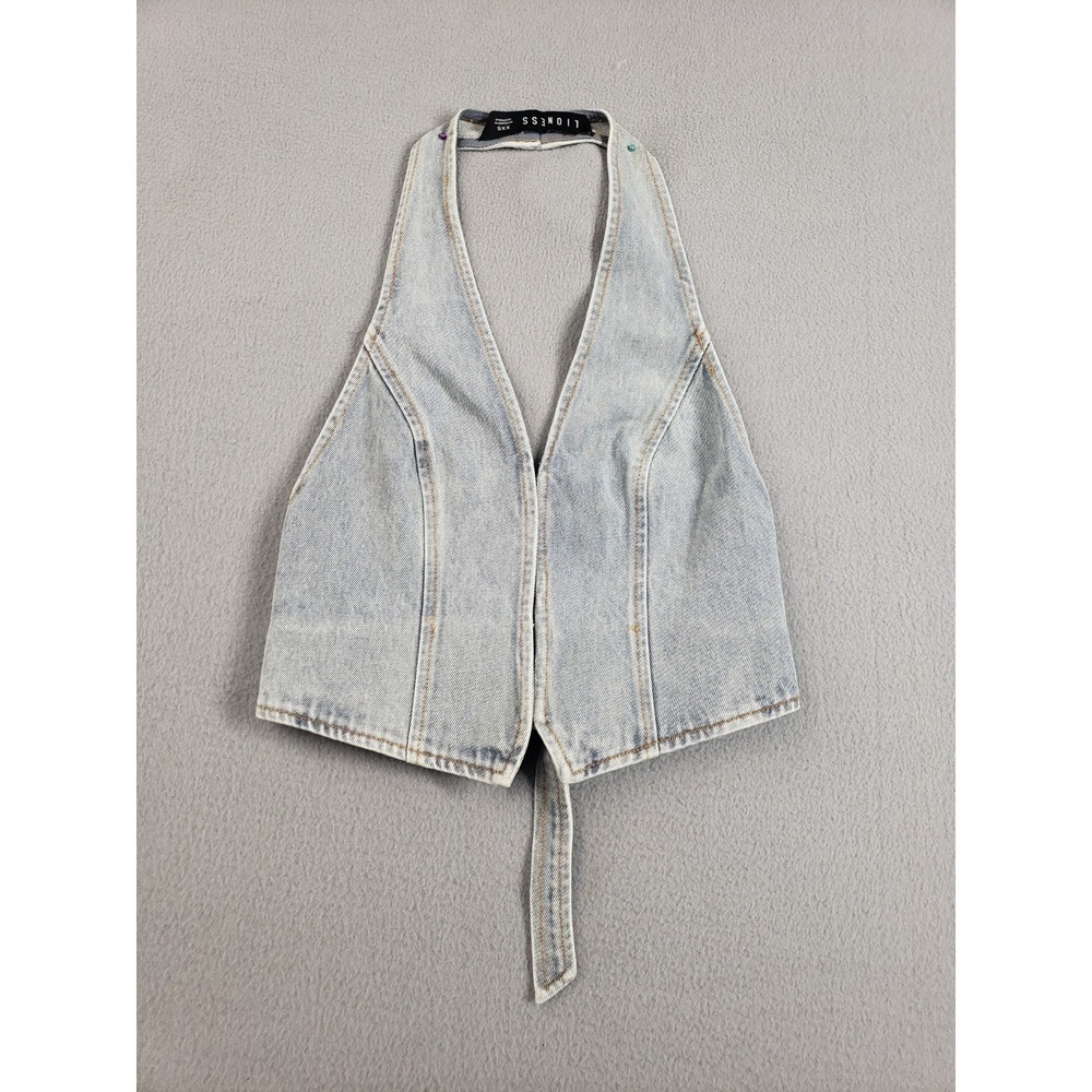 Lioness Women Vest Top 2XS Light Wash Denim Halter Neck Backless Festival Retro
